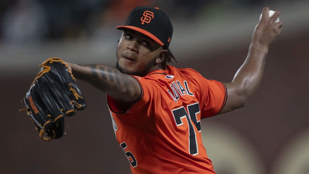 Sep 13, 2024; San Francisco, California, USA;  San Francisco Giants pitcher Camilo Doval (75) pitches during the eighth inning against the San Diego Padres at Oracle Park. Mandatory Credit: Stan Szeto-Imagn Images