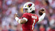 Jan 5, 2025; Glendale, Arizona, USA; Arizona Cardinals quarterback Kyler Murray (1) against the San Francisco 49ers at State Farm Stadium. Mandatory Credit: Mark J. Rebilas-Imagn Images