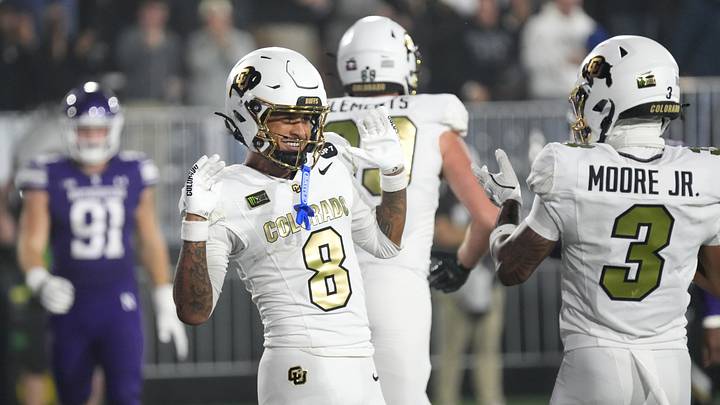 Sep 19, 2026; Evanston, Illinois, USA;  Colorado Buffaloes wide receiver Joseph Williams (8) celebrates his touchdown against the Northwestern Wildcats with Colorado Buffaloes wide receiver DeAndre Moore Jr. (3) during the second half at Northwestern Medicine Field at Martin Stadium.  Mandatory Credit: David Banks-Imagn Images