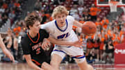 Wisconsin Lutheran's Kager Knueppel (1) battles to get past Marshfield's Joey Ketterer (2) in their WIAA Division 1 state championship boys basketball game, Saturday, March 22, 2025, at the Kohl Center in Madison, Wis. Wisconsin Lutheran won the game, 57-55.