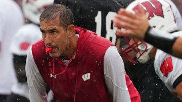 Wisconsin football head coach Luke Fickell observes practice Wednesday, July 30, 2025, at Ralph E. Davis Pioneer Stadium in Platteville, Wisconsin.