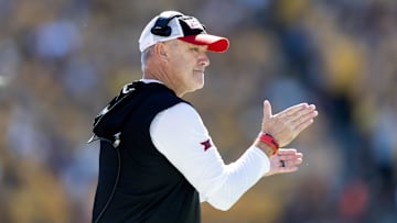 Oct 18, 2025; Tempe, Arizona, USA; Texas Tech Red Raiders head coach Joey McGuire against the Arizona State Sun Devils at Mountain America Stadium. Mandatory Credit: Mark J. Rebilas-Imagn Images