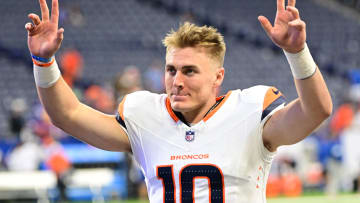 Aug 11, 2024; Indianapolis, Indiana, USA; Denver Broncos quarterback Bo Nix (10) waves to fans after the game against the Indianapolis Colts  at Lucas Oil Stadium. Mandatory Credit: Marc Lebryk-USA TODAY Sports