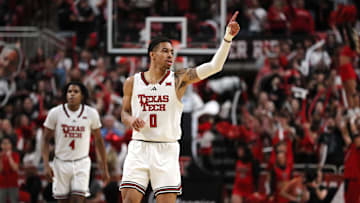Mar 5, 2025; Lubbock, Texas, USA;  Texas Tech Red Raiders guard Chance McMillian (0) reacts after scoring against the Colorado Buffaloes in the second half at United Supermarkets Arena. Mandatory Credit: Michael C. Johnson-Imagn Images