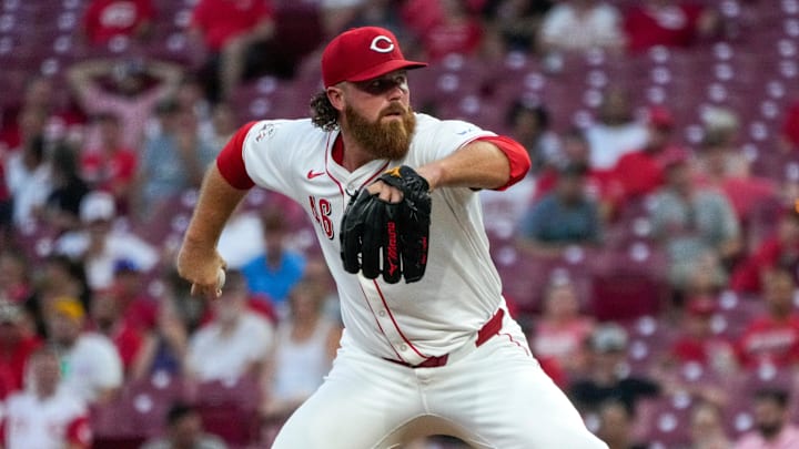 Cincinnati Reds pitcher Buck Farmer (46) throws a pitch in the sixth inning of the MLB Interleague game between the Cincinnati Reds and the Oakland Athletics at Great American Ball Park in downtown Cincinnati on Tuesday, Aug. 27, 2024. The Oakland Athletics won 5-4.
