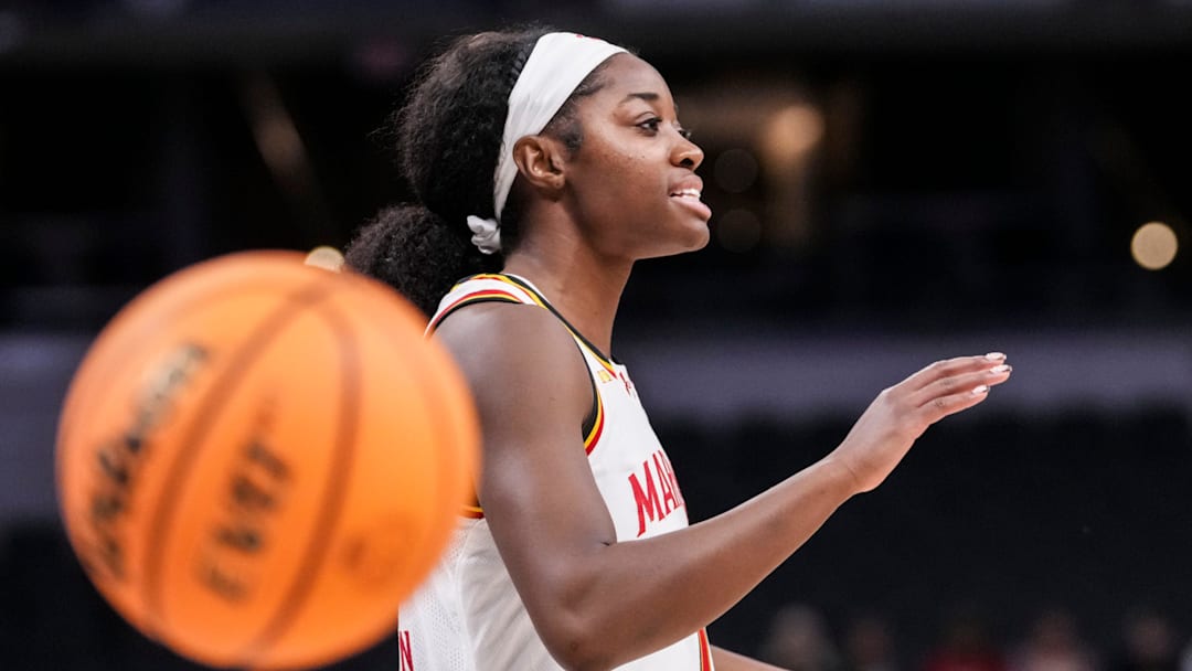Maryland Terrapins guard Mir McLean (10) celebrates Thursday, March 5, 2026, during a Big Ten women's basketball tournament game at Gainbridge Fieldhouse in Indianapolis. The Oregon Ducks defeated the Maryland Terrapins, 73-68.