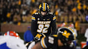 Nov 18, 2023; Columbia, Missouri, USA; Missouri Tigers place kicker Harrison Mevis (92) kicks a field goal against the Florida Gators during the first half at Faurot Field at Memorial Stadium. Mandatory Credit: Denny Medley-Imagn Images