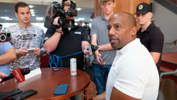 OU wide receivers coach Emmett Jones speaks during a media day for the University of Oklahoma Sooners (OU) football team in Norman, Okla., Tuesday, Aug. 1, 2023. Oklahoma Football