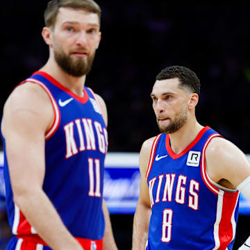 Feb 21, 2025; Sacramento, California, USA; Sacramento Kings guard Zach LaVine (8) and forward Domantas Sabonis (11) look on during the fourth quarter against the Golden State Warriors at Golden 1 Center. Mandatory Credit: Sergio Estrada-Imagn Images