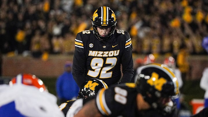 Nov 18, 2023; Columbia, Missouri, USA; Missouri Tigers place kicker Harrison Mevis (92) kicks a field goal against the Florida Gators during the first half at Faurot Field at Memorial Stadium. Mandatory Credit: Denny Medley-Imagn Images Nov 18, 2023; Columbia, Missouri, USA; Missouri Tigers place kicker Harrison Mevis (92) kicks a field goal against the Florida Gators during the first half at Faurot Field at Memorial Stadium. Mandatory Credit: Denny Medley-Imagn Images