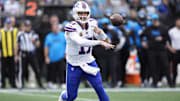 Oct 26, 2025; Charlotte, North Carolina, USA; Buffalo Bills quarterback Josh Allen (17) throws during the first half against the Carolina Panthers at Bank of America Stadium. 