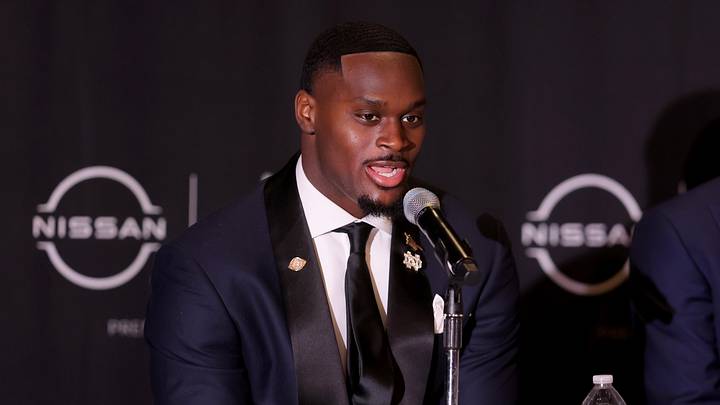 Dec 13, 2025; New York, NY, USA; Notre Dame Fighting Irish running back Jeremiyah Love speaks to the media during a press conference at the New York Marriott Marquis before the presentation of the Heisman trophy. Mandatory Credit: Brad Penner-Imagn Images