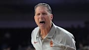 Dec 18, 2024; Los Angeles, California, USA; Southern California Trojans head coach Eric Musselman reacts in the fisrt half against the Cal State Northridge Matadors at Galen Center. Mandatory Credit: Kirby Lee-Imagn Images