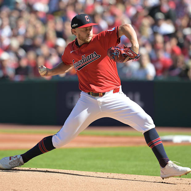 Tanner Bibee (28) throws a pitch