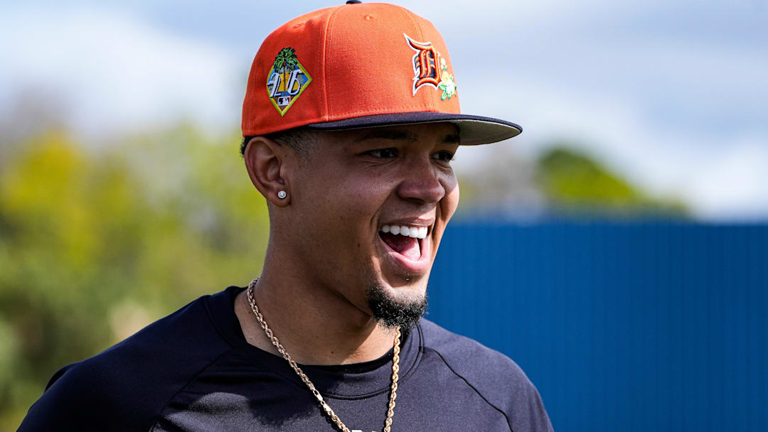 Detroit Tigers catcher Thayron Liranzo smiles at practice during spring training at TigerTown in Lakeland, Fla. on Monday, Feb. 16, 2026.