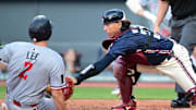 Aug 1, 2025; Cleveland, Ohio, USA; Cleveland Guardians catcher Bo Naylor (23) tags out Minnesota Twins shortstop Brooks Lee (2) during the third inning at Progressive Field. Mandatory Credit: Ken Blaze-Imagn Images