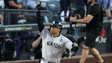 Oct 26, 2024; Los Angeles, California, USA; New York Yankees outfielder Juan Soto (22) reacts after hitting a home run against the Los Angeles Dodgers in the third inning of Game Two of the 2024 MLB World Series at Dodger Stadium.