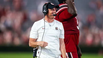 Nov 22, 2025; Columbia, South Carolina, USA; South Carolina Gamecocks head coach Shane Beamer reacts to a play against the Coastal Carolina Chanticleers in the second half at Williams-Brice Stadium. Mandatory Credit: Jeff Blake-Imagn Images