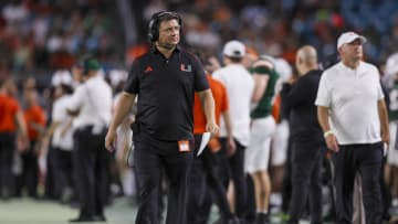Sep 14, 2023; Miami Gardens, Florida, USA; Miami Hurricanes offensive coordinator Shannon Dawson looks on from the sideline against the Bethune Cookman Wildcats during the second quarter at Hard Rock Stadium. Mandatory Credit: Sam Navarro-USA TODAY Sports
