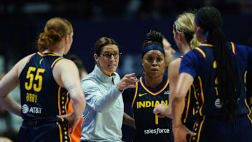 Aug 17, 2025; Uncasville, Connecticut, USA; Indiana Fever head coach Stephanie White talks with her players from the sideline as they take on the Connecticut Sun at Mohegan Sun Arena. Mandatory Credit: David Butler II-Imagn Images