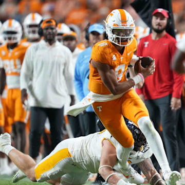 Tennessee quarterback Nico Iamaleava (8) runs the ball during a game between Tennessee and Kent State at Neyland Stadium, in Knoxville, Tenn., Saturday, Sept. 14, 2024. Tennessee defeated Ken State 71-0.