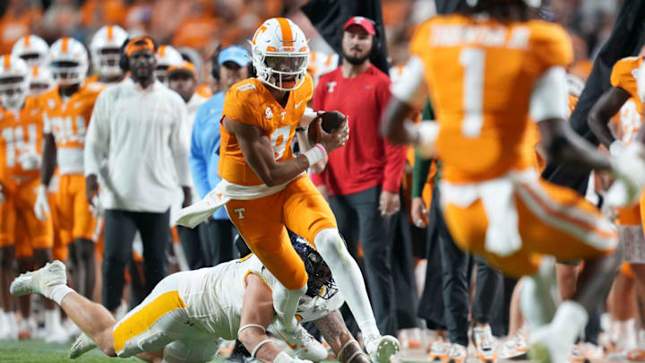 Tennessee quarterback Nico Iamaleava (8) runs the ball during a game between Tennessee and Kent State at Neyland Stadium, in Knoxville, Tenn., Saturday, Sept. 14, 2024. Tennessee defeated Ken State 71-0.