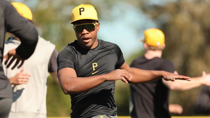 Feb 14, 2024; Bradenton, FL, USA; Pittsburgh Pirates infielder Termarr Johnson works out at Pirate City. Mandatory Credit: Kim Klement Neitzel-USA TODAY Sports