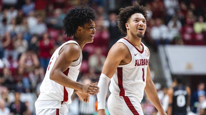 Feb 25, 2025; Tuscaloosa, Alabama, USA; Alabama Crimson Tide guard Aden Holloway (2) and guard Mark Sears (1)
