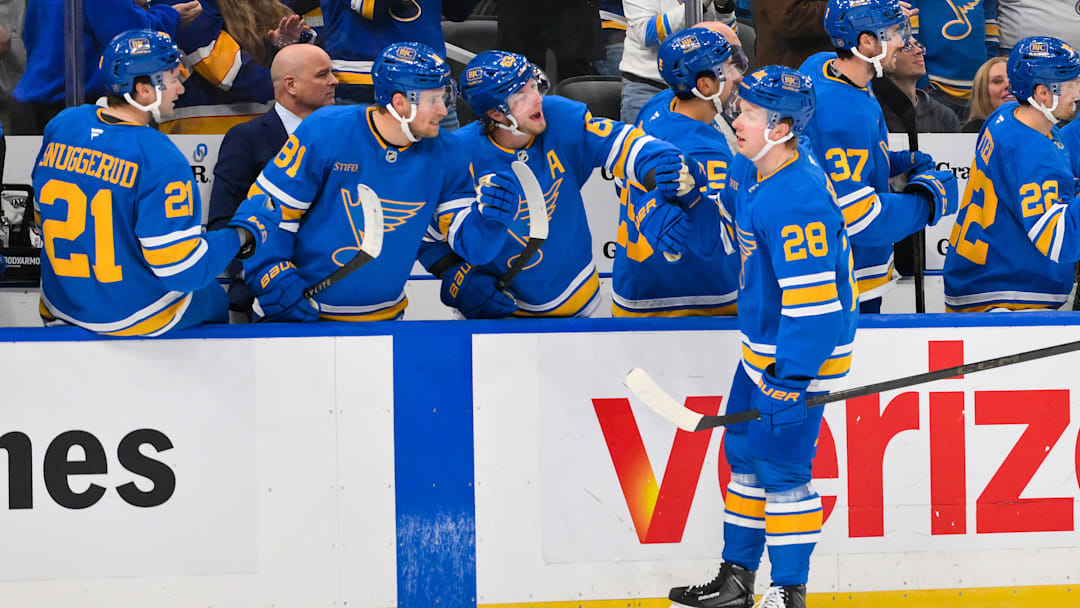 Mar 24, 2026; St. Louis, Missouri, USA; St. Louis Blues center Otto Stenberg (28) celebrates with left wing Jake Neighbours (63) left wing Dylan Holloway (81) and right wing Jimmy Snuggerud (21) after scoring against the Washington Capitals during the third period at Enterprise Center. Mandatory Credit: Jeff Curry-Imagn Images