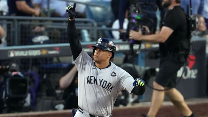 New York Yankees outfielder Juan Soto reacts after hitting a home run against the Los Angeles Dodgers. New York Yankees outfielder Juan Soto reacts after hitting a home run against the Los Angeles Dodgers.