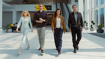 L-R Anne-Marie Waldeck as Fruzsi, Max Osinski as Boris, Cote De Pablo as Ziva David and Michael Weatherly as Tony Dinozzo In NCIS: Tony & Ziva, episode 5, season 1, airing on Paramount+ 2025. Photo Credit: Marcell Piti/Paramount+