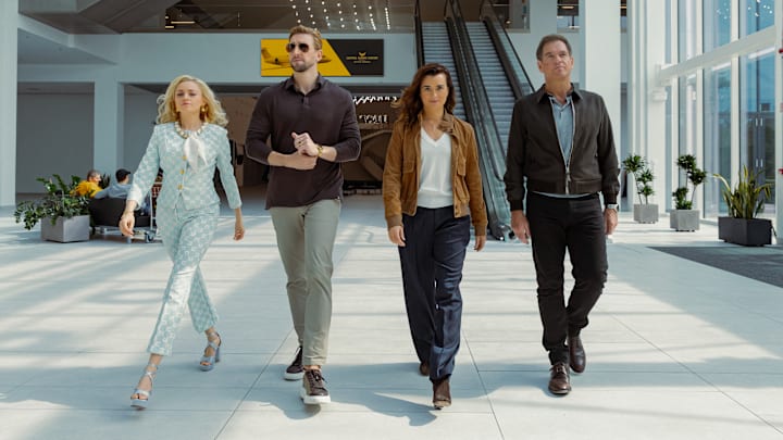 L-R Anne-Marie Waldeck as Fruzsi, Max Osinski as Boris, Cote De Pablo as Ziva David and Michael Weatherly as Tony Dinozzo In NCIS: Tony & Ziva, episode 5, season 1, airing on Paramount+ 2025. Photo Credit: Marcell Piti/Paramount+