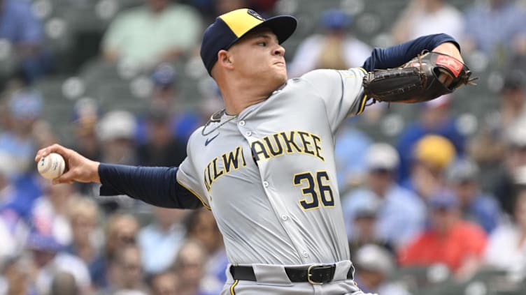 May 4, 2024; Chicago, Illinois, USA;  Milwaukee Brewers pitcher Tobias Myers (36) delivers against the Chicago Cubs during the first inning at Wrigley Field. Mandatory Credit: Matt Marton-USA TODAY Sports