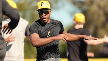 Feb 14, 2024; Bradenton, FL, USA; Pittsburgh Pirates infielder Termarr Johnson works out at Pirate City. Mandatory Credit: Kim Klement Neitzel-Imagn Images