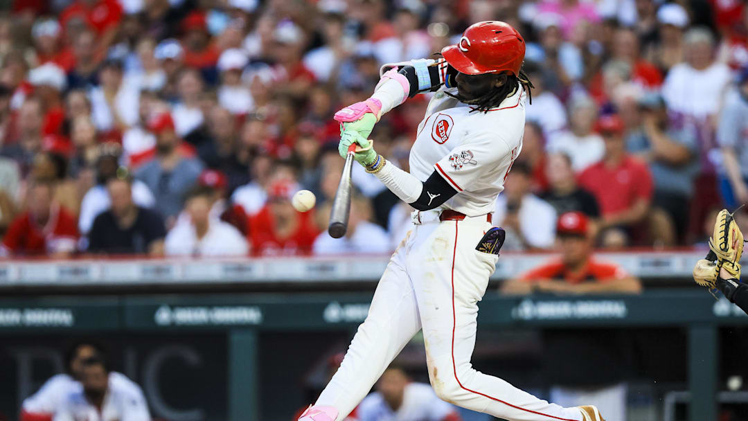 Jun 23, 2025; Cincinnati, Ohio, USA; Cincinnati Reds shortstop Elly De La Cruz (44) hits a RBI single in the fifth inning against the New York Yankees at Great American Ball Park. Mandatory Credit: Katie Stratman-Imagn Images