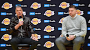 Feb 4, 2025; El Segundo, CA, USA; Los Angeles Lakers vice president of basketball operations and general manager Rob Pelinka introduces guard Luka Doncic at UCLA Health Training Center. Mandatory Credit: Gary A. Vasquez-Imagn Images