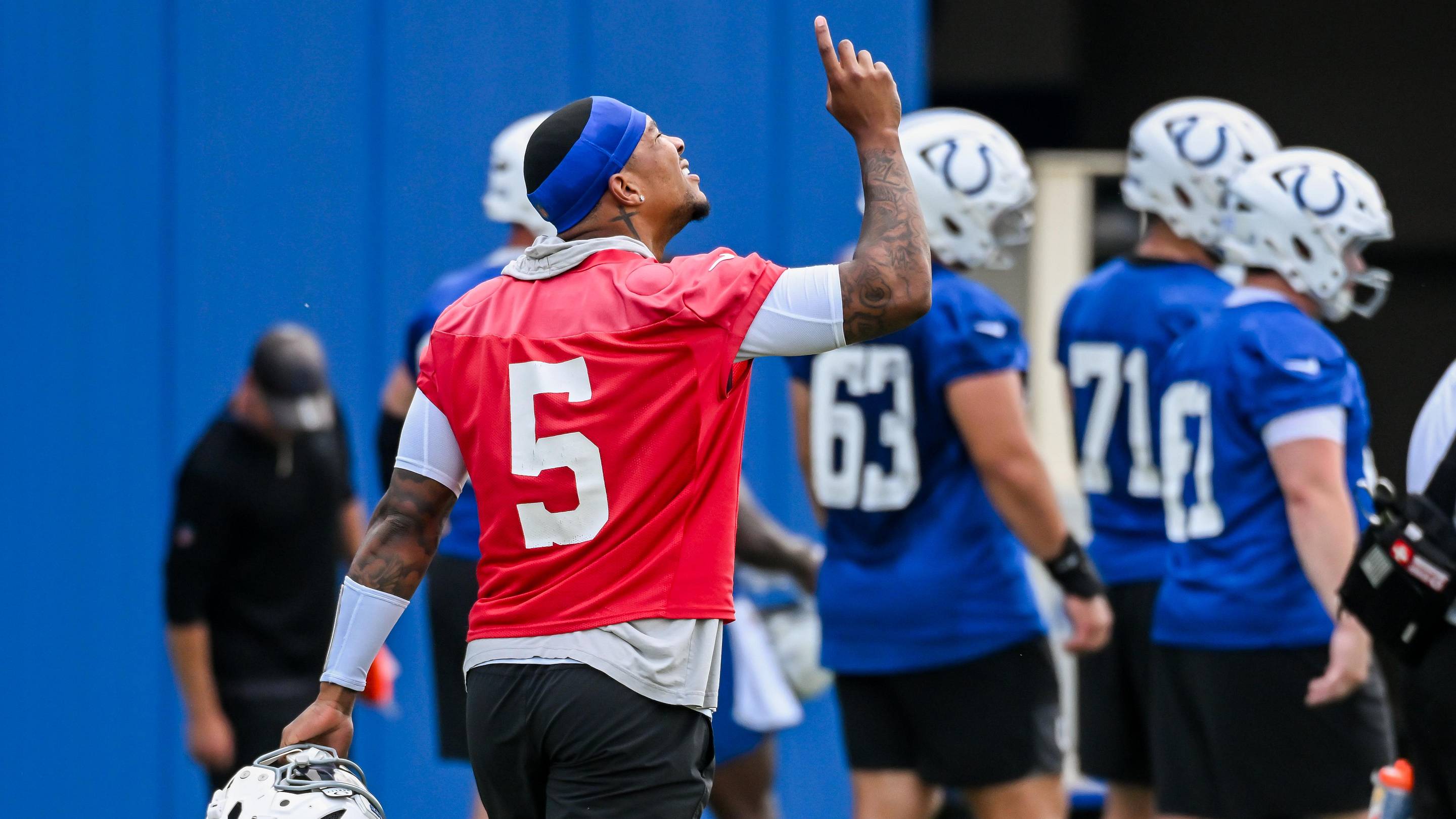 Jun 10, 2026; Indianapolis, IN, USA; Indianapolis Colts quarterback Anthony Richardson Sr. (5) is seen during minicamp at Indiana Farm Bureau Football Center. Mandatory Credit: Robert Goddin-Imagn Images