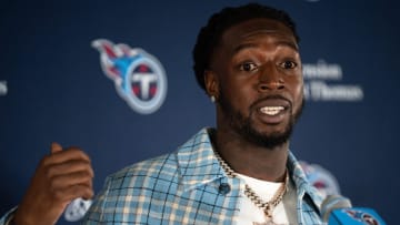 Tennessee Titans newly signed free agent wide receiver Calvin Ridley fields questions during his introduction to the media at Ascension Saint Thomas Sports Park in Nashville, Tenn., Friday, March 15, 2024.
