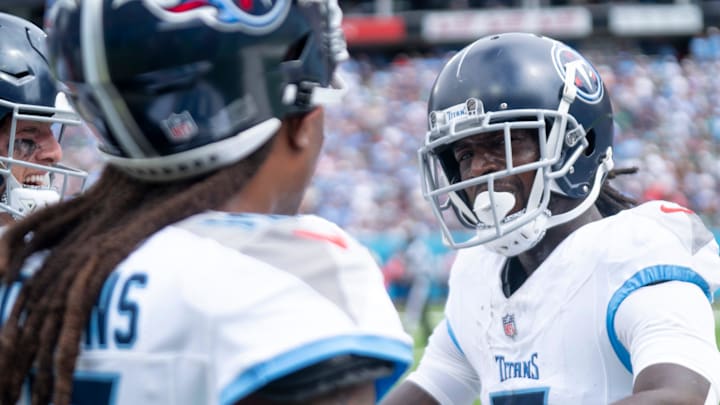 Tennessee Titans quarterback Will Levis (8), left, DeAndre Hopkins (10), center, and Calvin Ridley (0) celebrate after his first quarter touchdown against the New York Jets during their game at Nissan Stadium in Nashville, Tenn., Sunday, Sept. 15, 2024.