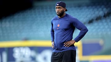 May 9, 2025; Houston, Texas, USA; Houston Astros designated hitter Yordan Alvarez (44) prior to the game against the Cincinnati Reds at Daikin Park.