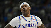 Feb 3, 2025; Lawrence, Kansas, USA; Kansas Jayhawks guard AJ Storr (2) reacts during the second half against the Iowa State Cyclones at Allen Fieldhouse. Mandatory Credit: Jay Biggerstaff-Imagn Images