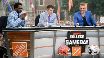 From left, Desmond Howard, Rece Davis, and Pat McAfee at the ESPN College GameDay stage outside of Ayres Hall on the University of Tennessee campus in Knoxville, Tenn. on Saturday, Sept. 24, 2022. The flagship ESPN college football pregame show returned for the tenth time to Knoxville as the No. 12 Vols hosted the No. 22 Gators.Kns Espn College Gameday