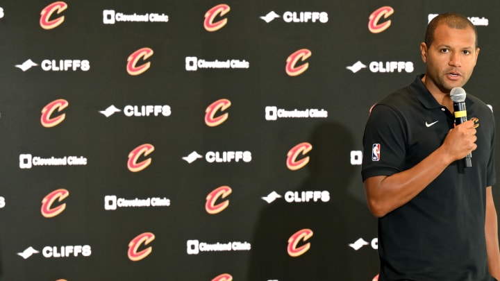 Sep 14, 2022; Cleveland, OH, USA; Cleveland Cavaliers president of basketball operations Koby Altman talks to staff and media during an introductory press conference at Rocket Mortgage FieldHouse. Mandatory Credit: David Richard-USA TODAY Sports