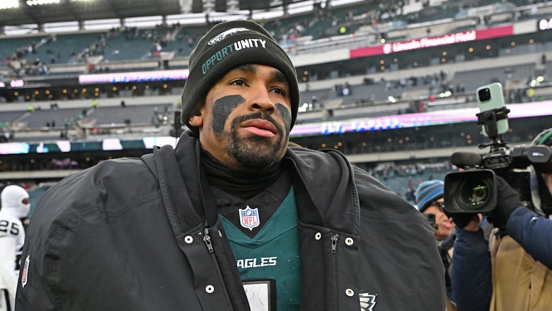 Dec 14, 2025; Philadelphia, Pennsylvania, USA; Philadelphia Eagles quarterback Jalen Hurts (1) on the filed after win against the Las Vegas Raiders at Lincoln Financial Field. Mandatory Credit: Eric Hartline-Imagn Images Dec 14, 2025; Philadelphia, Pennsylvania, USA; Philadelphia Eagles quarterback Jalen Hurts (1) on the filed after win against the Las Vegas Raiders at Lincoln Financial Field. Mandatory Credit: Eric Hartline-Imagn Images