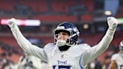 Dec 7, 2025; Cleveland, Ohio, USA; Tennessee Titans wide receiver Mason Kinsey (12) reacts after the game against the  Cleveland Browns at Huntington Bank Field. Mandatory Credit: Scott Galvin-Imagn Images