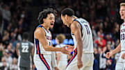 Gonzaga Bulldogs guard Ryan Nembhard and Nolan Hickman.