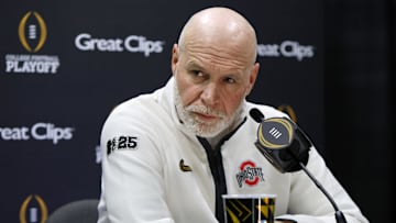 Jan 18, 2025; Atlanta, GA, USA; Ohio State Buckeyes defensive coordinator Jim Knowles talks to the media during 2025 CFP National Championship Media Day at Georgia World Congress Center, Building A. Mandatory Credit: Brett Davis-Imagn Images