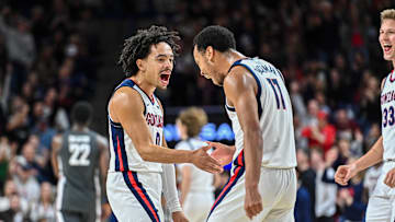 Gonzaga seniors Ryan Nembhard (0) and Nolan Hickman (11).