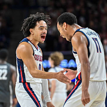 Gonzaga seniors Ryan Nembhard (0) and Nolan Hickman (11).