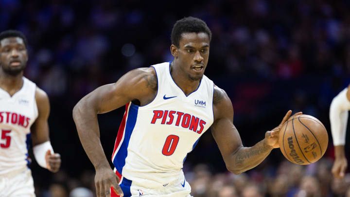 Apr 9, 2024; Philadelphia, Pennsylvania, USA; Detroit Pistons center Jalen Duren (0) dribbles the ball against the Philadelphia 76ers during the third quarter at Wells Fargo Center. Mandatory Credit: Bill Streicher-USA TODAY Sports